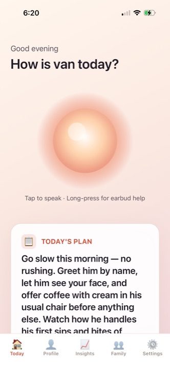 The Circle of Care home screen with a glowing circle and today's plan