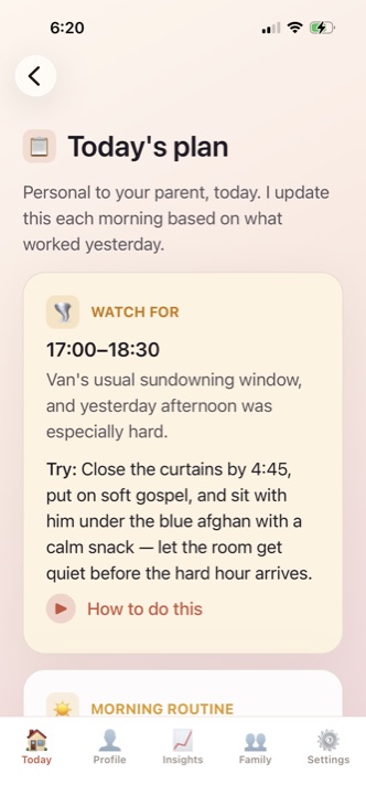Today's plan with a sundowning watch-for window and suggestions