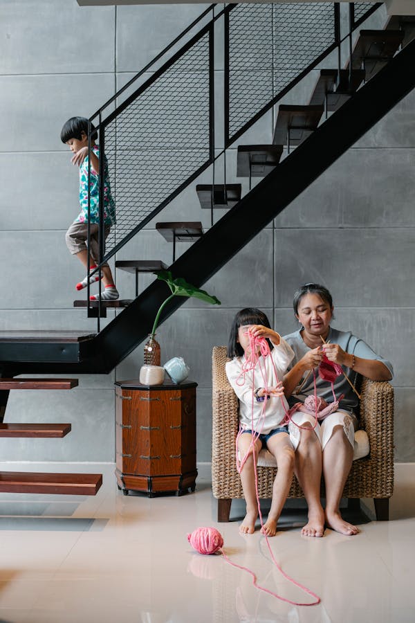 A grandmother shares a joyful moment with her grandchildren